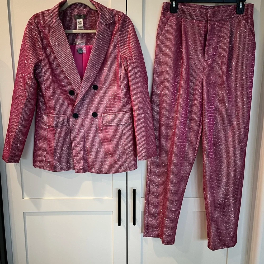 NWT Sans Souci Pink Sparkle Glitter Suit Set Blazer Pants Party NYE Medium